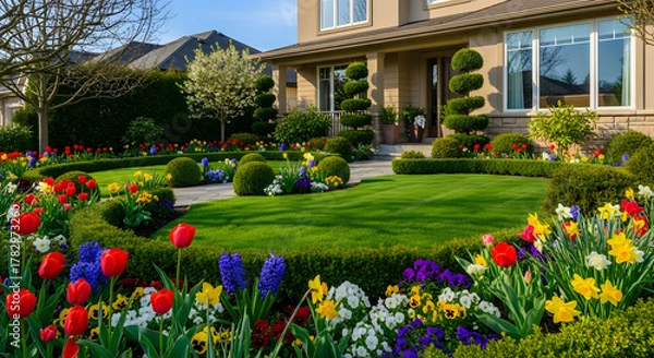 Fototapeta Beautifully manicured suburban home garden in full bloom with vibrant tulips and lush green lawn