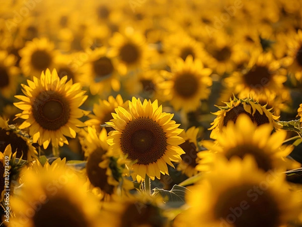 Fototapeta Sunflower field at golden hour with one bloom in sharp focus and blurred background, natural light and shallow depth for seasonal visuals.