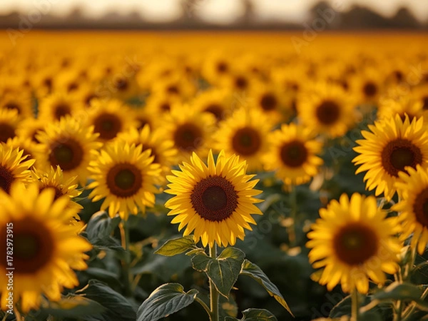 Fototapeta Sunflower field at golden hour with one bloom in sharp focus and blurred background, natural light and shallow depth for seasonal visuals.