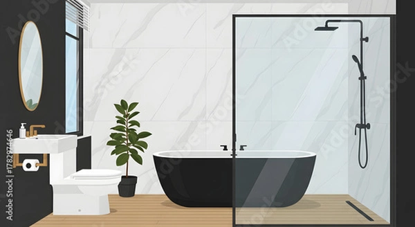 Fototapeta Modern black bathtub and toilet with marble walls in a luxurious bathroom interior design