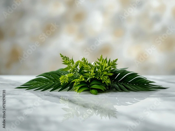 Fototapeta Tropical green leaves arranged on marble surface with blurred foliage background, soft natural light, clean botanical layout for product branding.