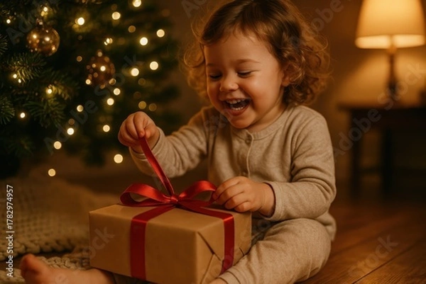 Fototapeta Cozy evening child unwraps gift beside twinkling tree warm home festive glow