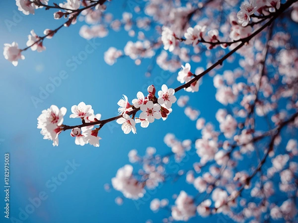 Obraz Cherry blossom branch covered in pale pink flowers against clear blue sky, backlit natural light, shallow depth scene for seasonal greeting designs.