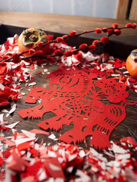 Obraz Spring Festival Year of the Horse paper cutting window decorations red paper