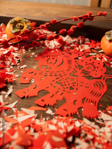Obraz Spring Festival Year of the Horse paper cutting window decorations red paper
