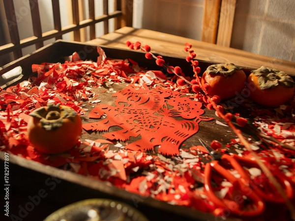 Obraz Spring Festival Year of the Horse paper cutting window decorations red paper