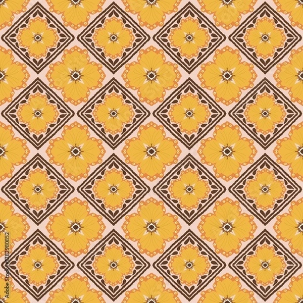 Fototapeta Retro Mustard Yellow Floral Tile Seamless Pattern, Vintage 70s Geometric Diamond Grid, Warm Autumn Earth Tones Textile and Wallpaper.