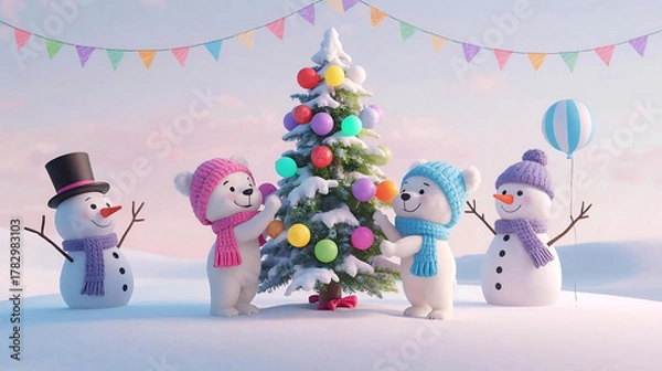 Obraz Happy snowman with gifts and a Christmas tree decoration on a winter holiday card. Showman party.