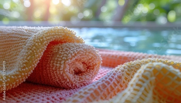Obraz Soft Rolled Peach and Yellow Towels Near Swimming Pool with Bokeh Background Warm Sunlight Outdoors