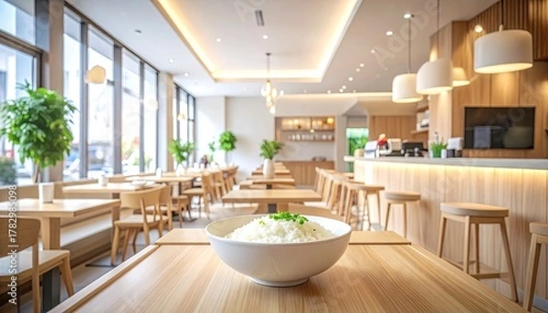 Fototapeta Close-Up View Of A Bowl Of Rice On A Wooden Table In A Bright Modern Restaurant