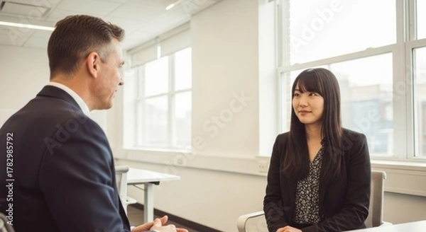 Fototapeta Two business professionals in a meeting room, discussing work-related topics.