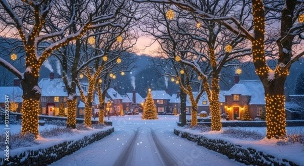 Fototapeta A magical snowy village street at dusk, adorned with twinkling Christmas lights on trees and houses, creating a cozy winter wonderland during the holiday season.