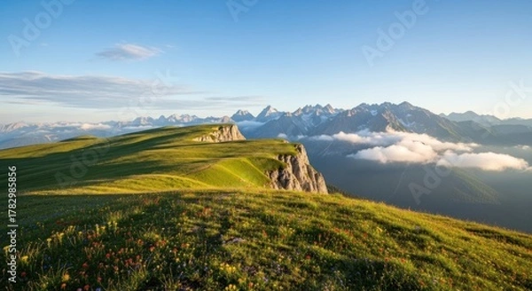 Fototapeta Breathtaking Alpine Landscape at Golden Hour: Vibrant Meadow with Wildflowers, Dramatic Cliffs, and Majestic Snow-Capped Mountains Emerging from Clouds under a Clear Sky.