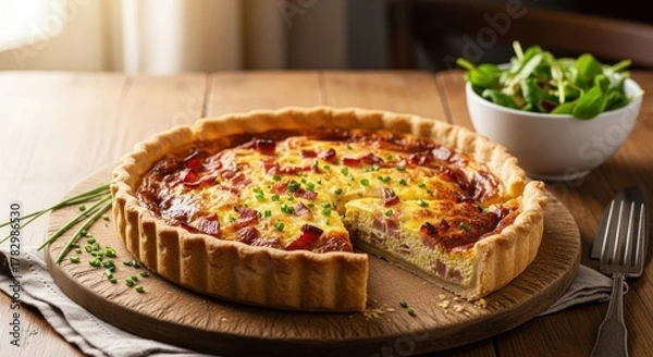 Fototapeta Homemade Bacon and Chive Quiche, Freshly Baked and Sliced, Served on a Rustic Wooden Board with a Crisp Green Salad for a Delightful Meal.