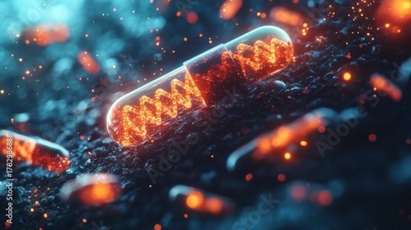 Fototapeta Highly detailed close-up image of a glowing digital DNA strand representing genetic code or bioinformatics technology illuminated with vibrant orange and blue sparks