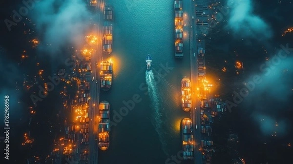 Fototapeta Aerial view of a busy container port at night with illuminated cranes ships and cargo containers on water creating a vibrant industrial landscape scene
