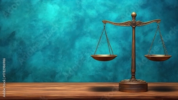 Fototapeta Elegant antique brass balance scale with empty weighing pans and wooden base against a textured turquoise background symbolizing justice and accuracy