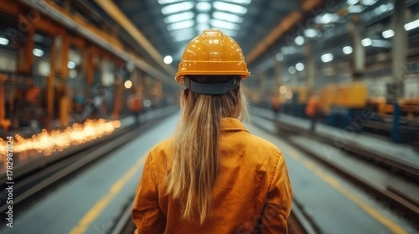 Fototapeta Female industrial worker wea safety helmet and work uniform standing in a modern manufactu factory with machinery and sparks in the background
