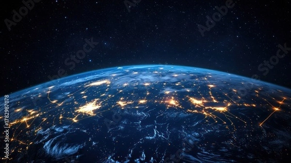 Fototapeta Stunning view of Earth from space showcasing city lights and dotted with stars under a dark night sky emphasizing global connectivity and cosmic beauty