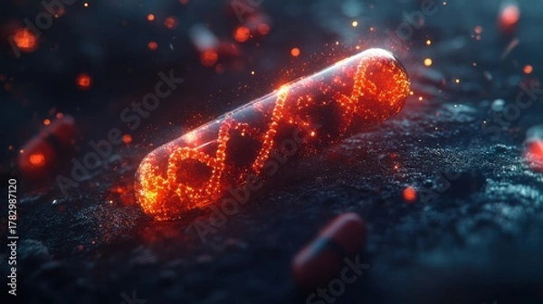 Fototapeta Close-up of a glowing, fiery capsule-shaped object emitting bright orange sparks and light, resting on a dark textured surface with floating particles and dramatic illumination