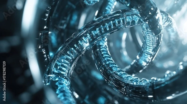 Fototapeta Close-up of futuristic glowing intertwined glass tubes with blue illumination and intricate reflections creating a high-tech abstract science fiction background