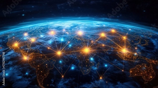 Fototapeta Global interconnected digital network visualization with bright points and connecting lines illustrating worldwide communication and technology infrastructure