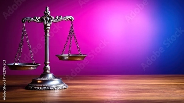 Fototapeta Elegant classic brass balance scale with empty pans on a wooden surface against a vibrant purple blue gradient background for legal, justice, and fairness concepts