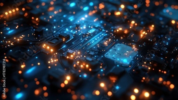 Fototapeta Close-up of a modern computer motherboard with intricate electronic circuits illuminated by colorful LED lights and glowing components, high-tech digital device