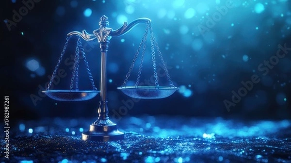 Fototapeta Elegant metallic balance scale with empty shallow dishes on a glitte blue sparkling background symbolizing justice fairness and impartiality in law and ethics