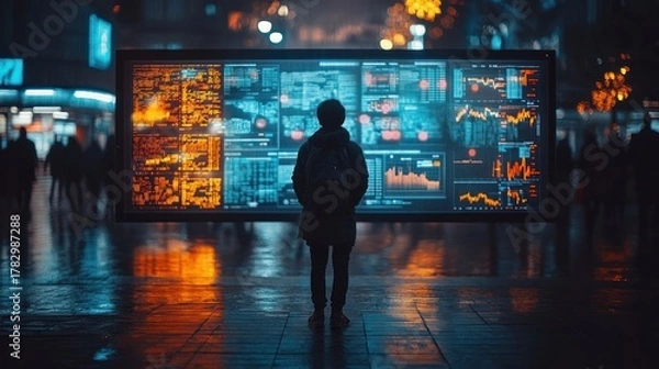 Fototapeta Young man standing in front of large digital stock market trading board displaying colorful financial data and charts du evening in urban city