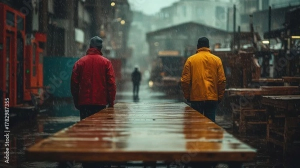 Fototapeta Two People Walking Under Rainy Weather on City Street Du Evening with Trains and Workers, Moody Urban Scene with Wet Pavement and Overcast Sky