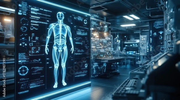 Fototapeta Advanced futuristic laboratory with holographic human anatomy display and high-tech equipment in a modern science research facility