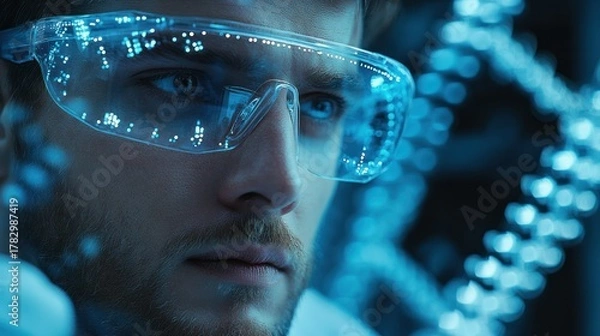 Fototapeta Close-up of a male scientist wea futuristic virtual reality or augmented reality glasses using advanced technology in a high-tech laboratory environment with blue lighting