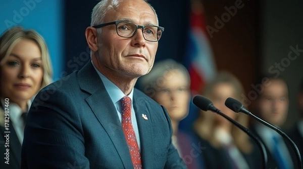 Fototapeta Prominent senior businessman in formal suit and glasses speaking at a professional conference or meeting with diverse ence and American flag in the background