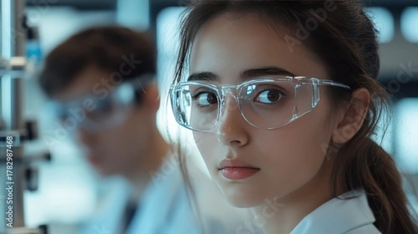 Fototapeta Close-up of a young female scientist or researcher wea protective glasses in a modern laboratory environment du a scientific experiment or analysis process