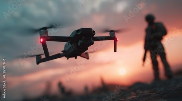 Obraz A drone hovers against a sunset backdrop with a soldier in the distance, concept for military reconnaissance, security surveillance and border patrol operations