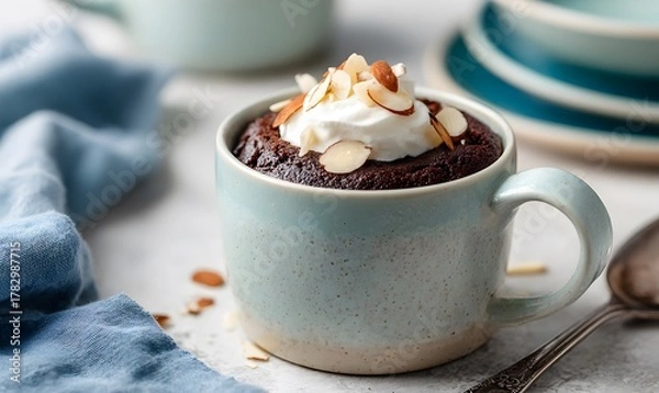 Fototapeta The freshly cooked chocolate almond mug cake rests on the white stone countertop, still warm in its mug