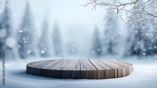 Obraz Wooden podium on snowy ground in a winter landscape, featuring icy branches and falling snow. Concept for product display, seasonal promotions and holiday marketing