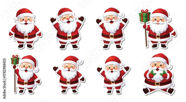 Fototapeta A collection of cartoon Santa Claus figures in various poses, ready for the holidays.