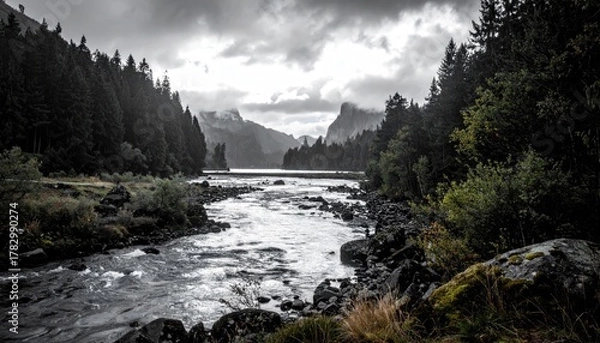 Obraz River flowing through wooded landscape