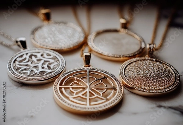 Fototapeta A collection of five intricately designed gold and silver pendants, each with unique patterns, displayed on a light surface.