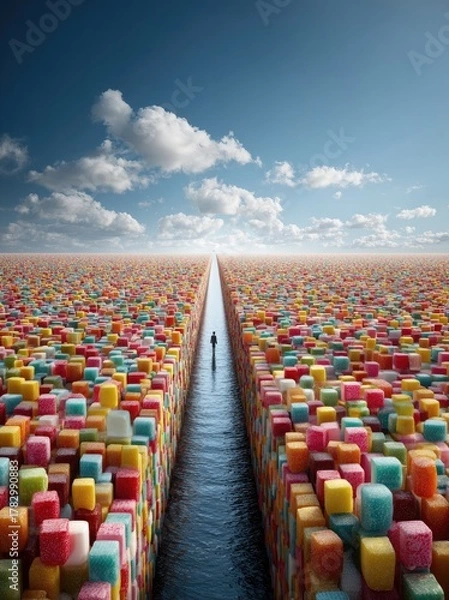 Fototapeta A solitary person walks a straight path through a colorful abstract city.