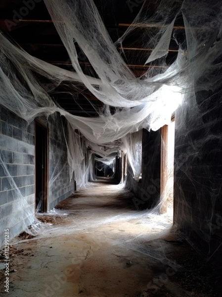 Fototapeta Abandoned Corridor Decorated with Cobwebs.