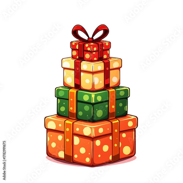 Fototapeta A colorful, towering stack of Christmas gifts, wrapped in vibrant reds, greens, and gold with cheerful polka dots, promises a pile of holiday excitement