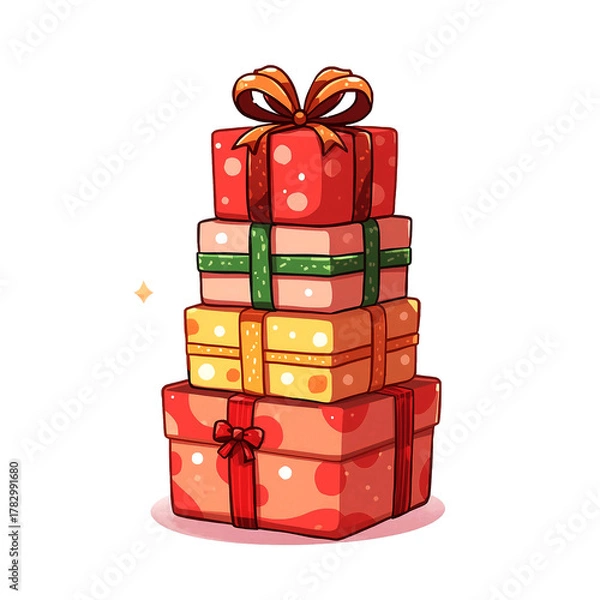Fototapeta A colorful, towering stack of Christmas gifts, wrapped in vibrant reds, greens, and gold with cheerful polka dots, promises a pile of holiday excitement
