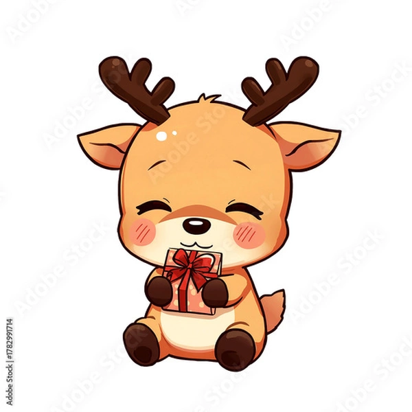 Fototapeta This sweet, smiling cartoon reindeer is beaming with holiday cheer