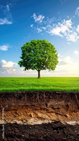 Fototapeta Tree in field with exposed soil layers