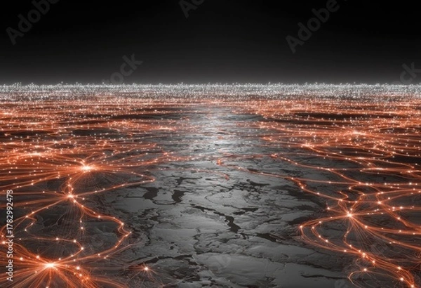 Fototapeta Aerial View of a Cityscape at Night with Glowing Lights and Networks.