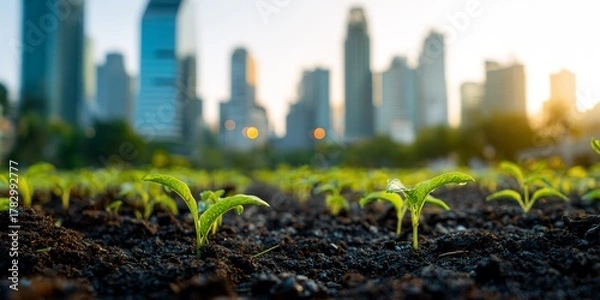 Fototapeta Field of plants with a city in the background