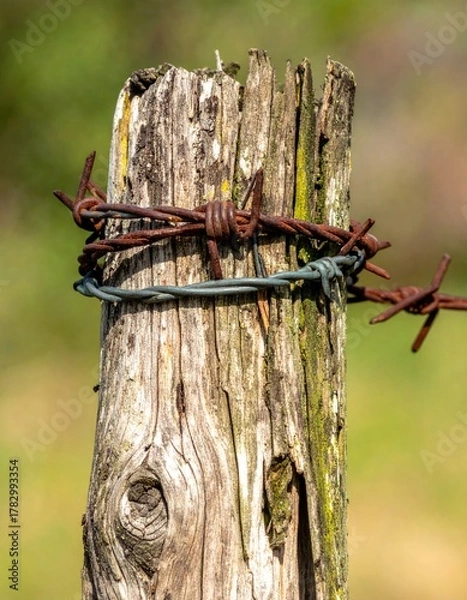 Fototapeta Weathered post wrapped in barbed wire